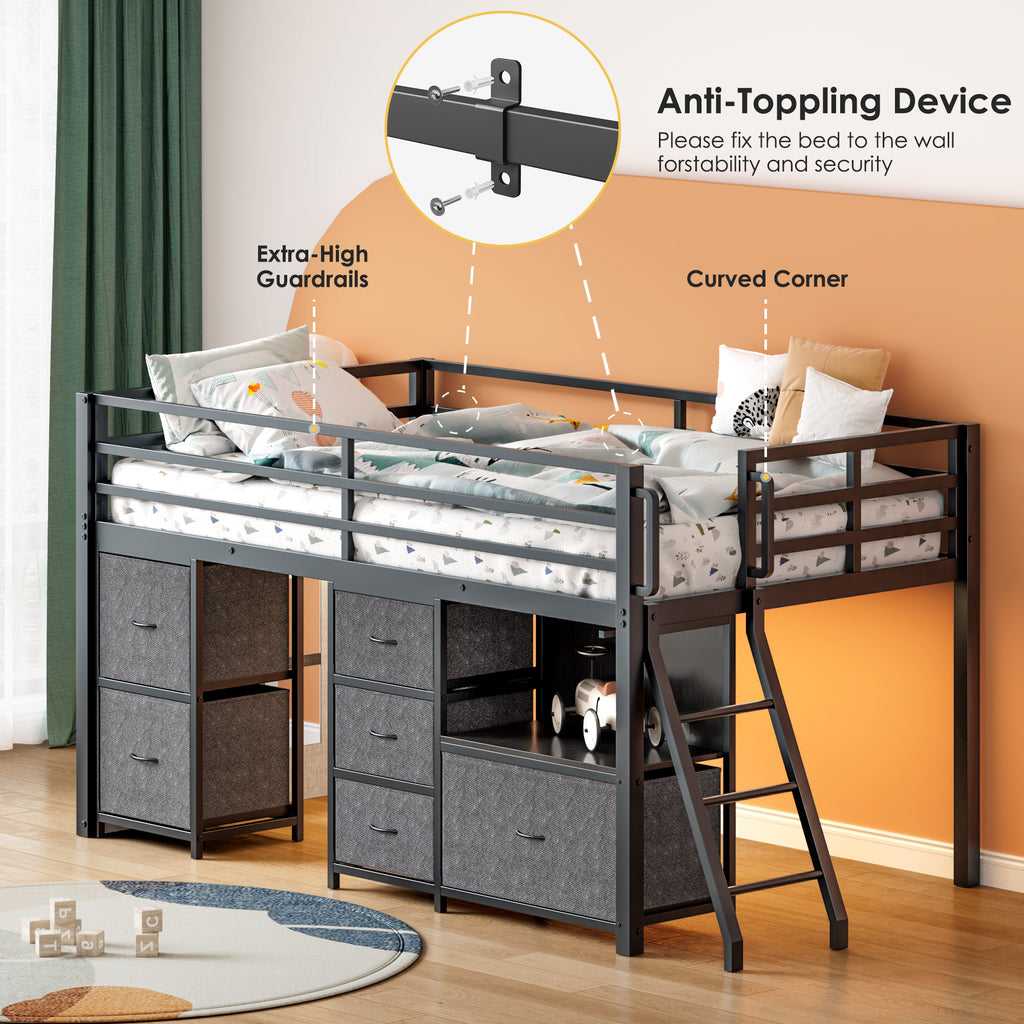 Kdymod Loft Bed Twin with 6 Storage Drawers & Shelf,Teens Adult Loft Bed with LED Lights & Play Curtain,Metal Twin Loft Storage Bed Frame with Ladder & Safety Guardrail for Bedroom Small Room