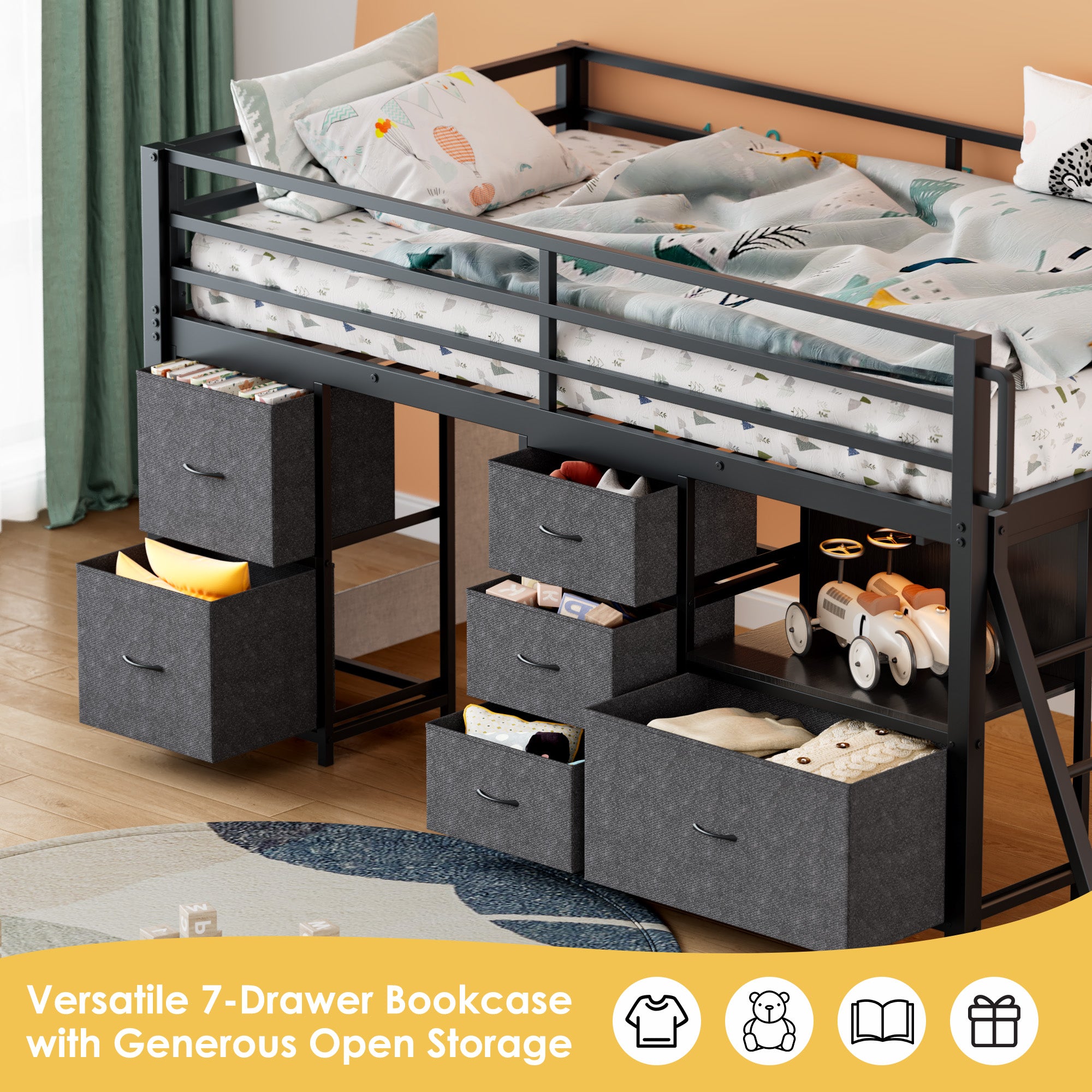 Kdymod Loft Bed Twin with 6 Storage Drawers & Shelf,Teens Adult Loft Bed with LED Lights & Play Curtain,Metal Twin Loft Storage Bed Frame with Ladder & Safety Guardrail for Bedroom Small Room