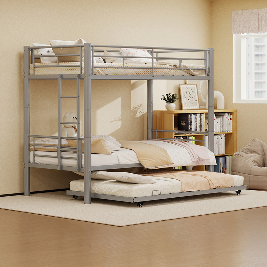 Kdymod Triple Bunk Bed Twin over Twin with Trundle, Convertible Metal Bunk Bed Frame with Ladder & Safety Guardrail, Space-Saving for Teens and Adults, Bedroom Dorm, Silver