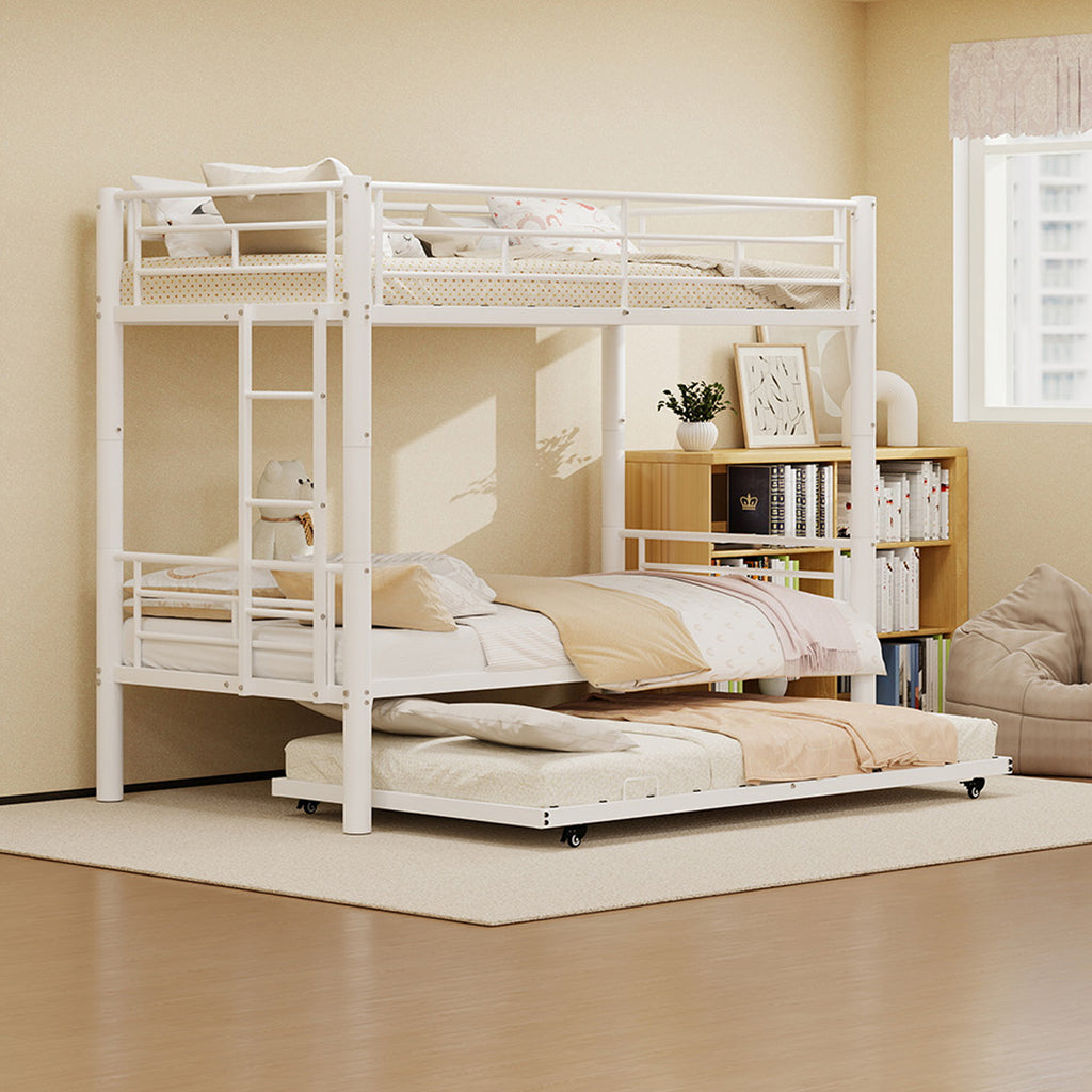 Kdymod Triple Bunk Bed Twin over Twin with Trundle,Triple Twin Bunk Bed with Ladder & Guardrail,Metal Convertible Triple Bunk Bed Frame for Teen & Adult,Bedroom,Dorm,White (Mattress not included)