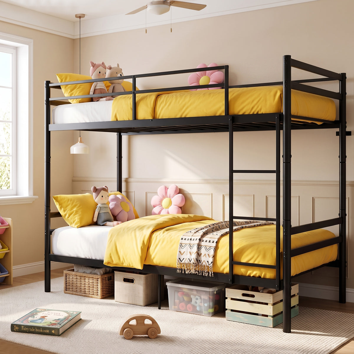 Kdymod Twin over Twin Metal Bunk Bed with Convertible 2-in-1 Design, Metal Bunk Bed Frame with Ladder & Safety Guardrail, Space-Saving for Teens and Adults, Black