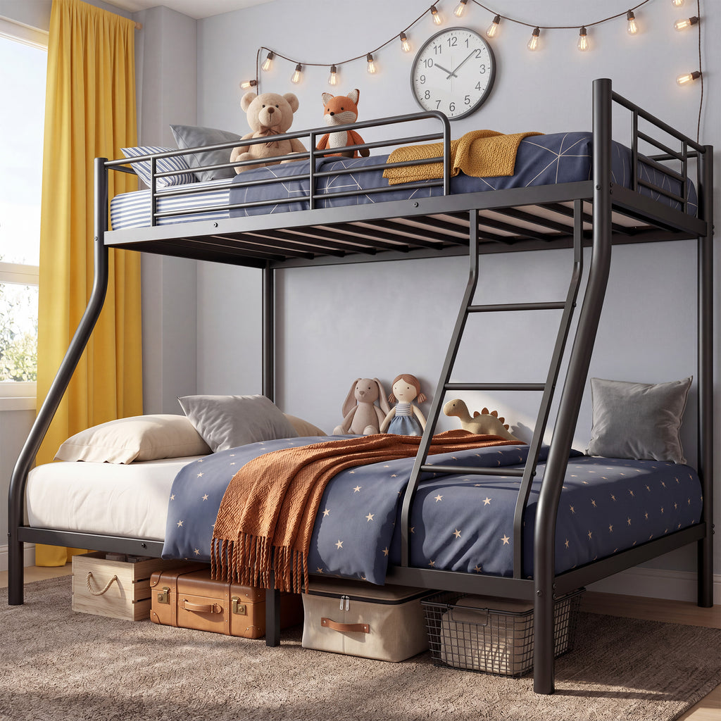 Kdymod Twin over Full Metal Bunk Bed with Stairs & Storage, Heavy Duty Bed Frame for Adults & Teens, Includes 2 6" Memory Foam Mattresses, No Box Spring Needed, Black