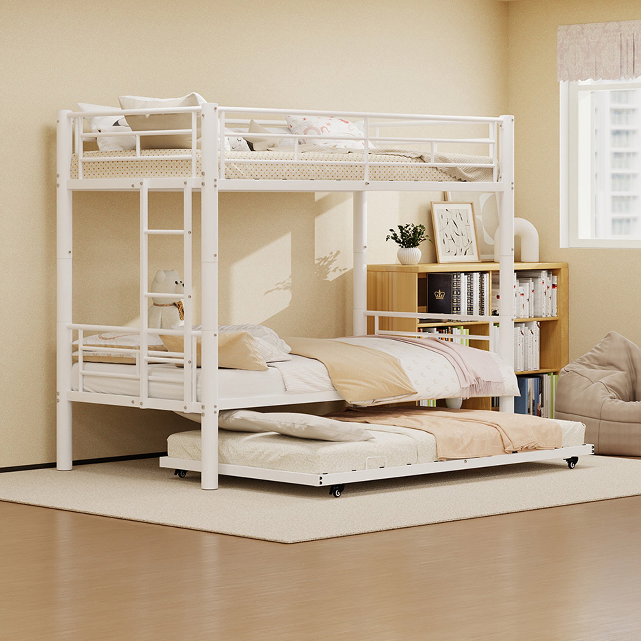Kdymod Triple Bunk Bed Twin over Twin with Trundle, Includes 3 Twin Size 6" Green Tea Memory Foam Mattresses, Convertible Metal Frame with Ladder and Guardrail, for Teens and Adults, White