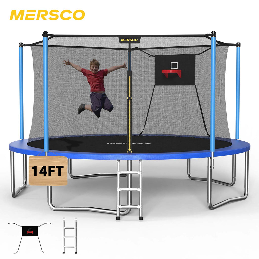 Mersco 14ft Trampoline Upgraded for Kids and Adults, Backyard Trampoline with Basketball Hoop and Enclosure Net,Jumping Trampoline PLAY for Boys and Girls Birthday Gift, Blue