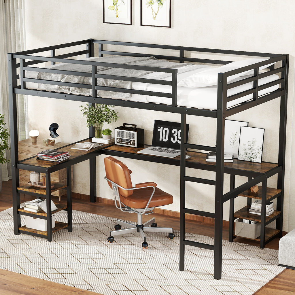 Uiowio Twin XL Metal Loft Bed with L-Shaped Desk Underneath & 6 Shelves & Storage, Space-Saving Bed Frame with Built-in Ladder & Safety Guardrail, for Teens
