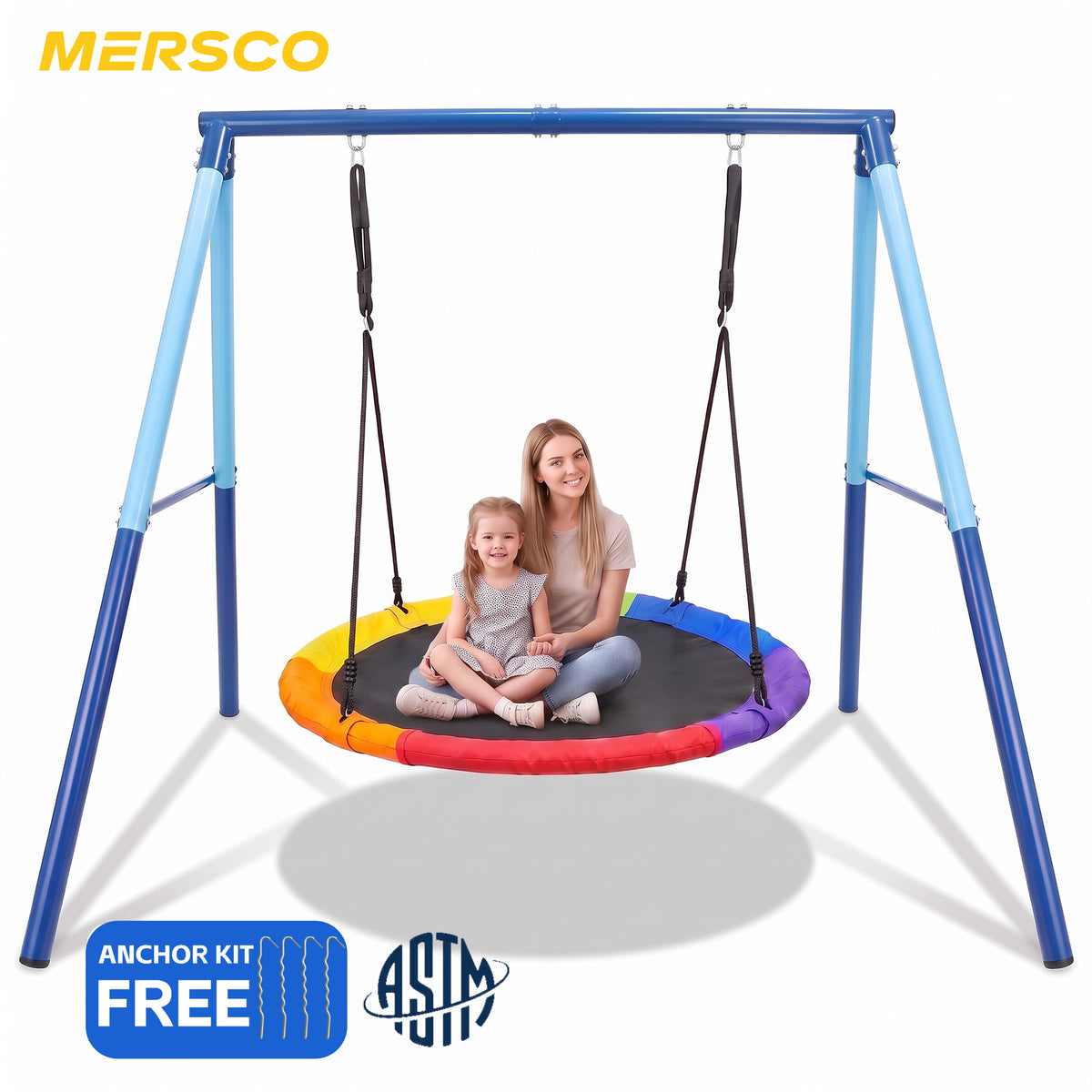 Mersco 60" Saucer Swing with Stand for Adults & Kids, Extra-Large Detachable Round Swing, 440 lbs Heavy-Duty A-Frame for Small Backyards & Camping,Blue