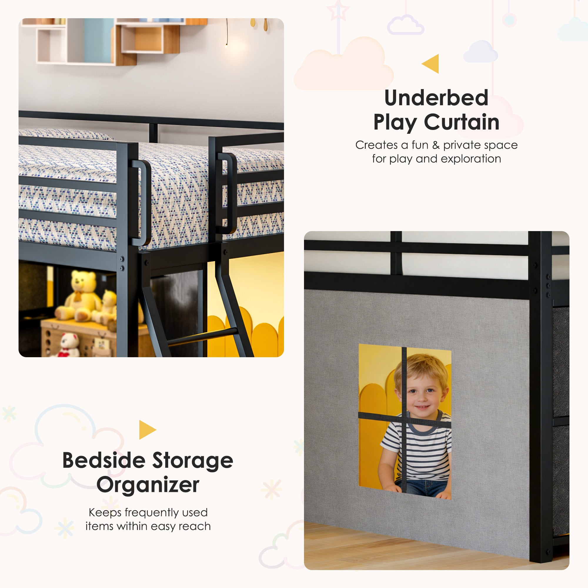 Kdymod Loft Bed Twin with 6 Storage Drawers & Shelf,Teens Adult Loft Bed with LED Lights & Play Curtain,Metal Twin Loft Storage Bed Frame with Ladder & Safety Guardrail for Bedroom Small Room