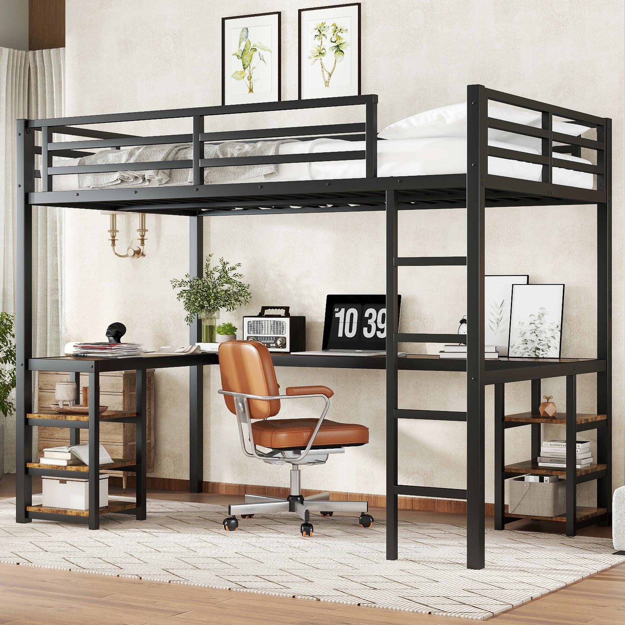 Uiowio Twin XL Metal Loft Bed with L-Shaped Desk Underneath & 6 Shelves & Storage, Space-Saving Bed Frame with Built-in Ladder & Safety Guardrail, for Teens