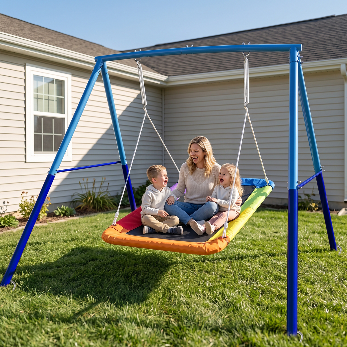 Kdymod 60 Inch Rectangular Platform Swing Set, PP + 900D Oxford Cushion, Metal A-Frame Swing for Backyard, 440 Lbs Capacity, Adjustable Ropes & Ground Nails, Blue