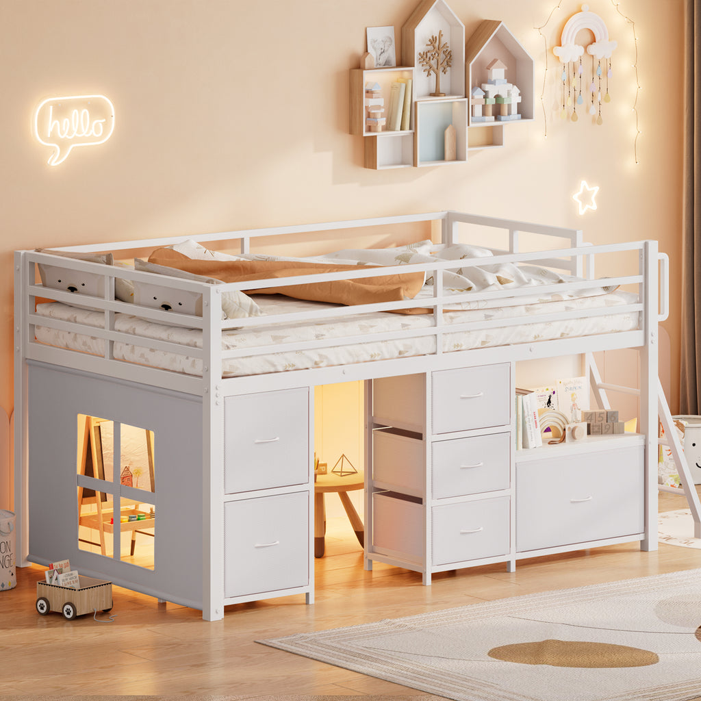 Kdymod Full Loft Bed with 6 Storage Drawers & Shelf, Loft Bed with LED Lights & Play Curtain, Metal Loft Bed Frame with Ladder & Safety Guardrail, White