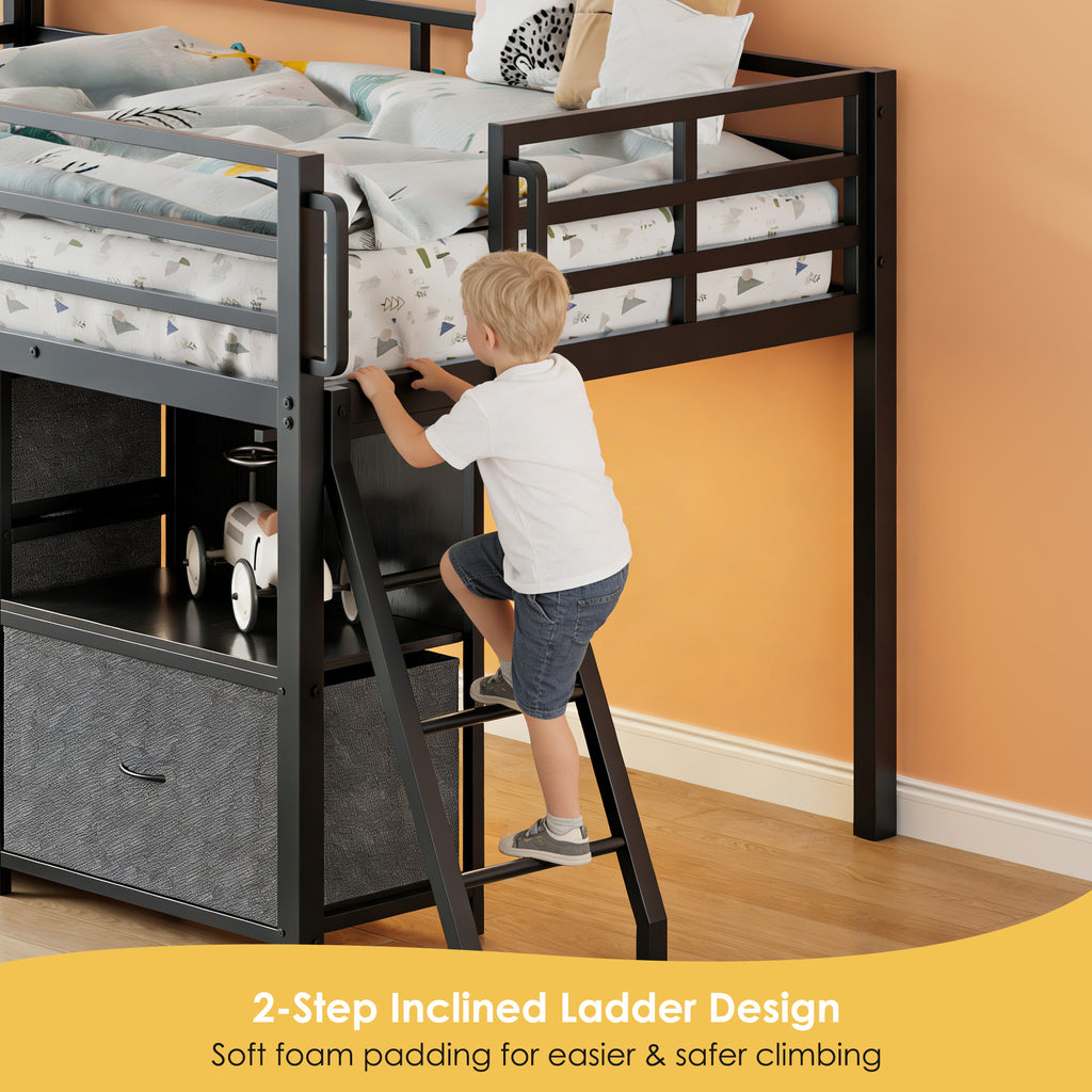 Kdymod Full Loft Bed with 6 Storage Drawers & Shelf, Loft Bed with LED Lights & Play Curtain, Metal Loft Bed Frame with Ladder & Safety Guardrail, Black