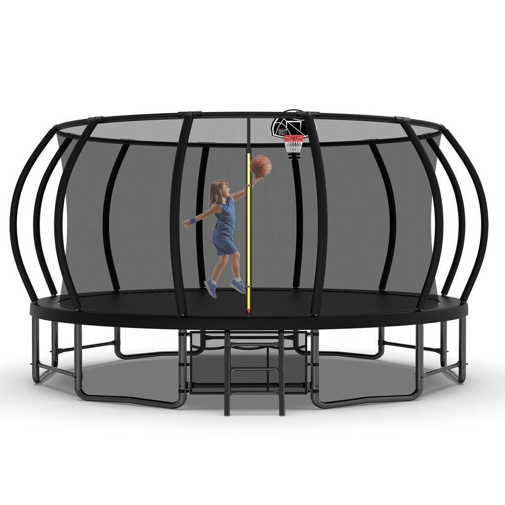 Mersco 16ft Trampoline for Kids Adults, Outdoor Pumpkin Trampoline with Enclosure Net, Basketball Hoop and Storage Bag,Black