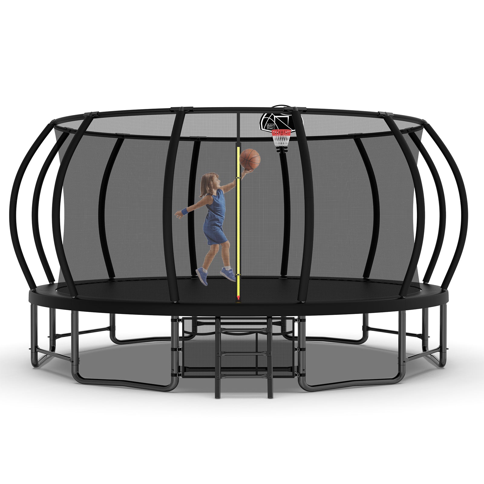 Mersco 16ft Trampoline for Kids Adults, Outdoor Pumpkin Trampoline with Enclosure Net, Basketball Hoop and Storage Bag,Black