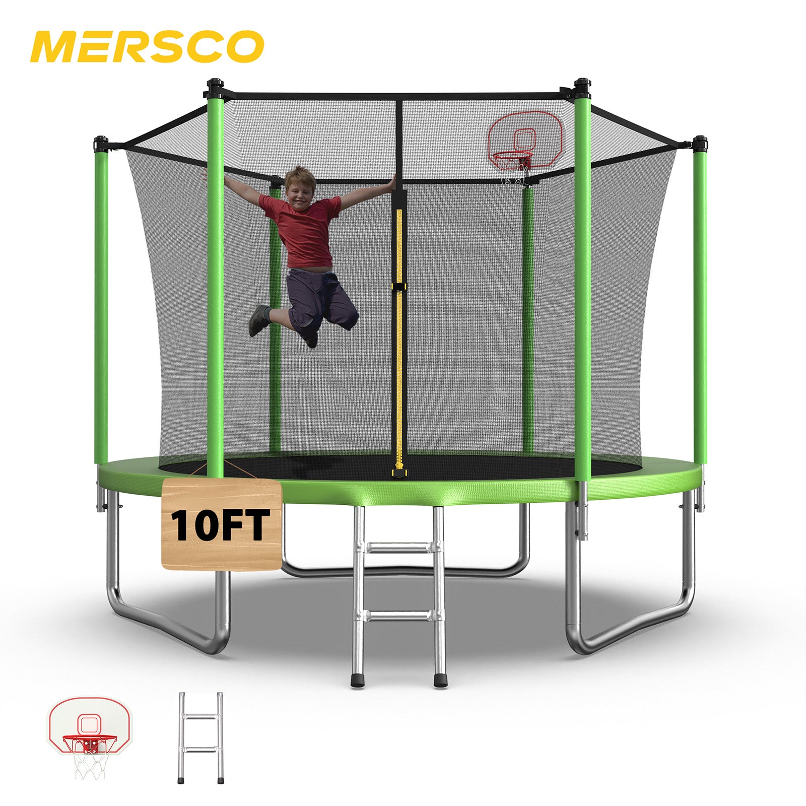 Mersco 10ft Trampoline for Kids,Outdoor Trampoline with Enclosure,Basketball Hoop and Ladder,Upright-Poled Backyard Trampoline PLAY for Family Fun,Birthday Gifts,Green