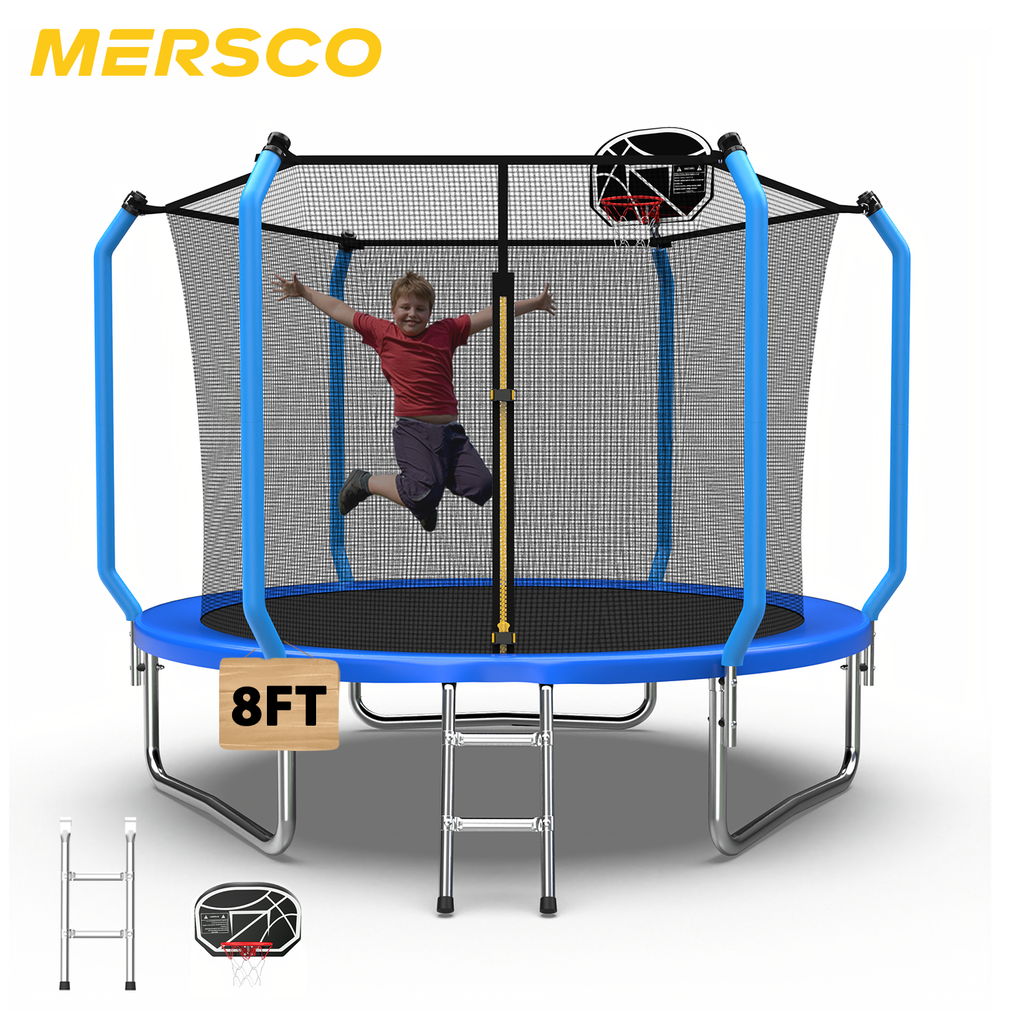 Mersco 8ft Trampoline for Kids and Adults,No-Gap Design Outdoor Trampoline with Basketball Hoop,Enclosure Net and Ladder,Jumping Trampoline SUPER for Boys and Girls Birthday Gift,Blue