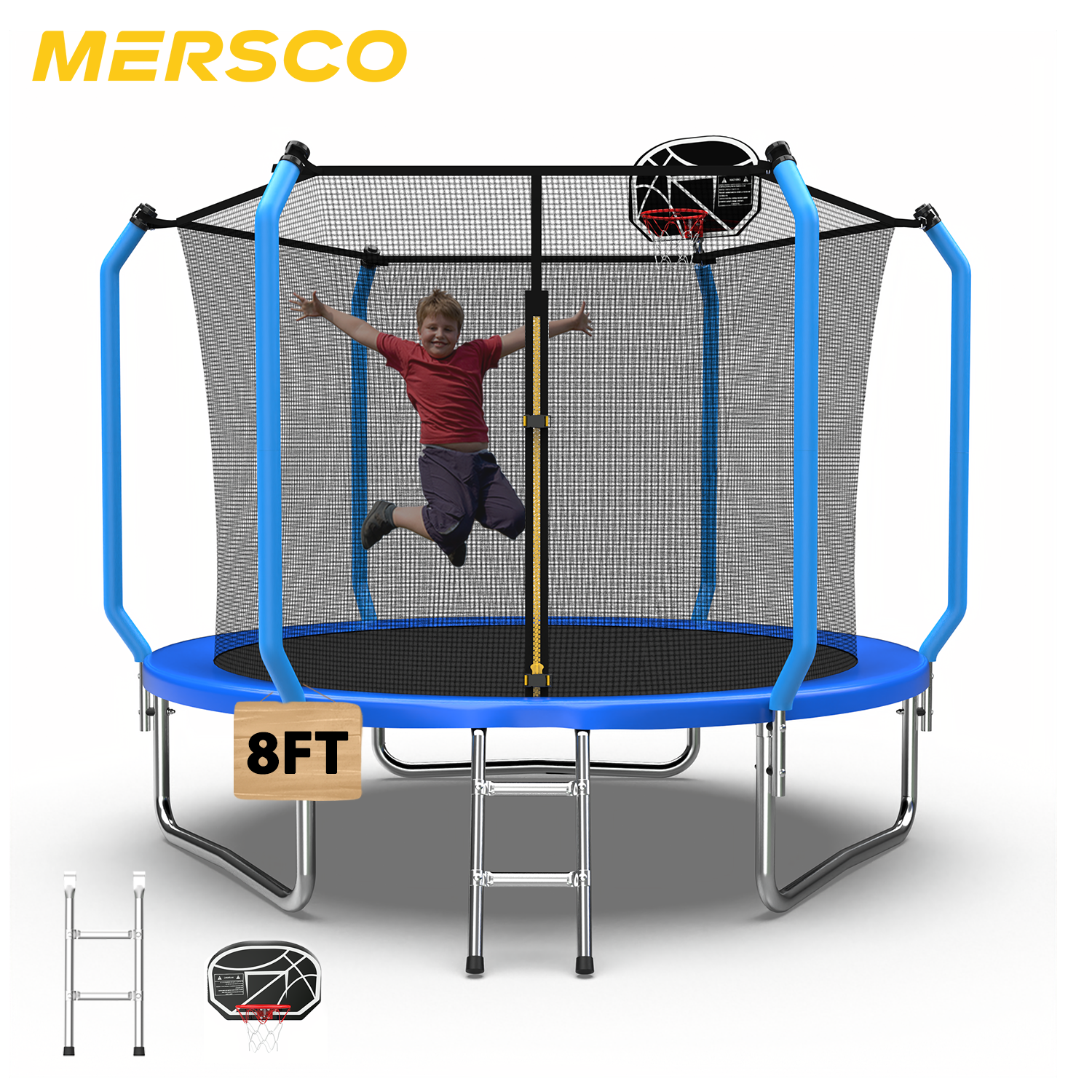Mersco 8ft Trampoline for Kids and Adults,No-Gap Design Outdoor Trampoline with Basketball Hoop,Enclosure Net and Ladder,Jumping Trampoline SUPER for Boys and Girls Birthday Gift,Blue