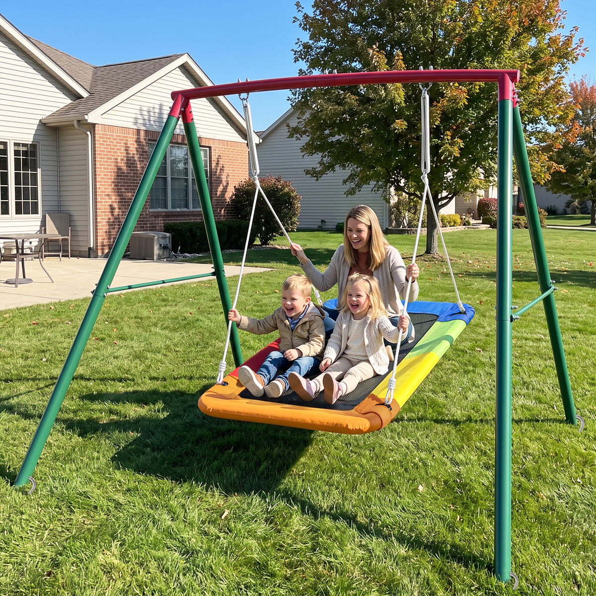 Kdymod 60 Inch Rectangular Platform Swing Set, PP + 900D Oxford Cushion, Metal A-Frame Swing for Backyard, 440 Lbs Capacity, Adjustable Ropes & Ground Nails, Green