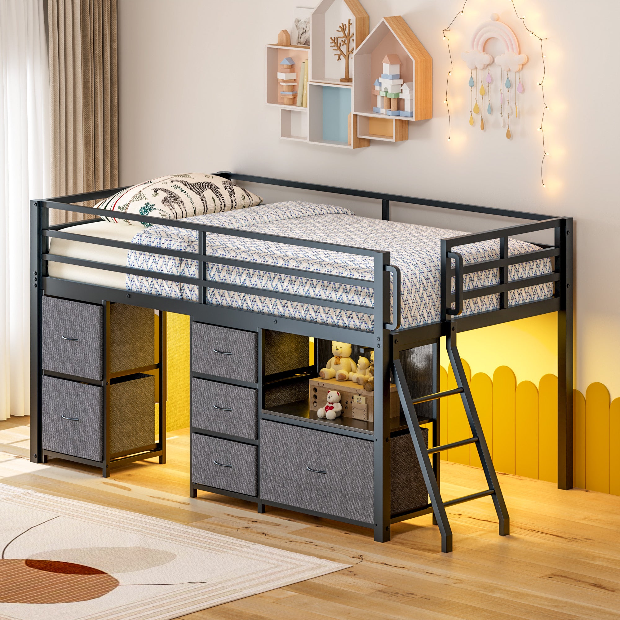 Kdymod Loft Bed Twin with 6 Storage Drawers & Shelf,Teens Adult Loft Bed with LED Lights & Play Curtain,Metal Twin Loft Storage Bed Frame with Ladder & Safety Guardrail for Bedroom Small Room