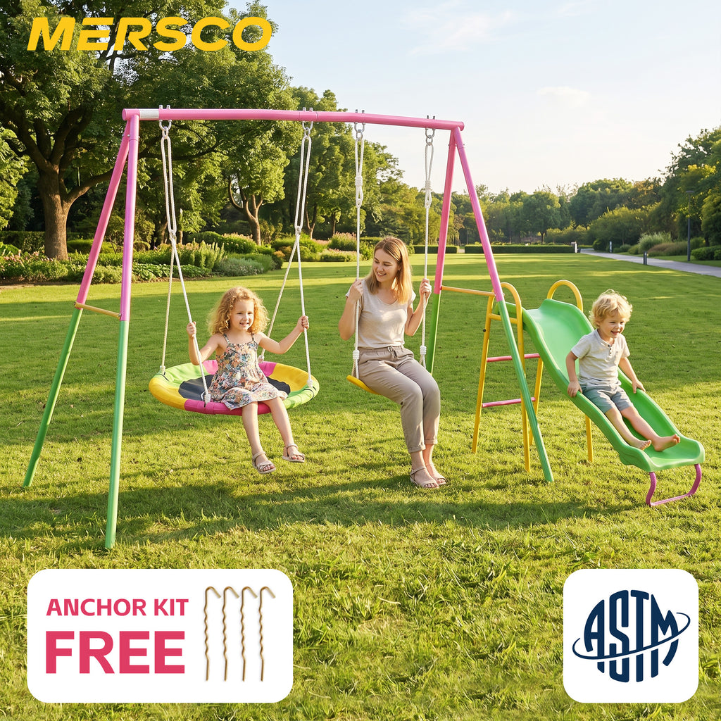 Mersco 3-in-1 Swing Set for Backyard with Slide, Swing Heavy Duty 440lbs Metal Outdoor Swing Stand, Contain 1 Saucer 32" and 1 Belt Seat 26.2" ,Slide for Playground, Backyard Playset