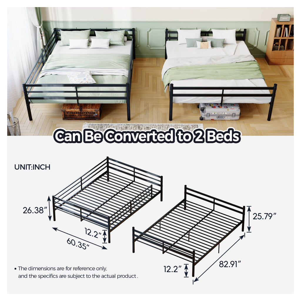Kdymod Queen over Queen Metal Bunk Bed with Storage, Converts to 2 Separate Beds, Heavy-Duty & Space-Saving Bed Frame with Built-in Ladder & Safety Guardrail, Black