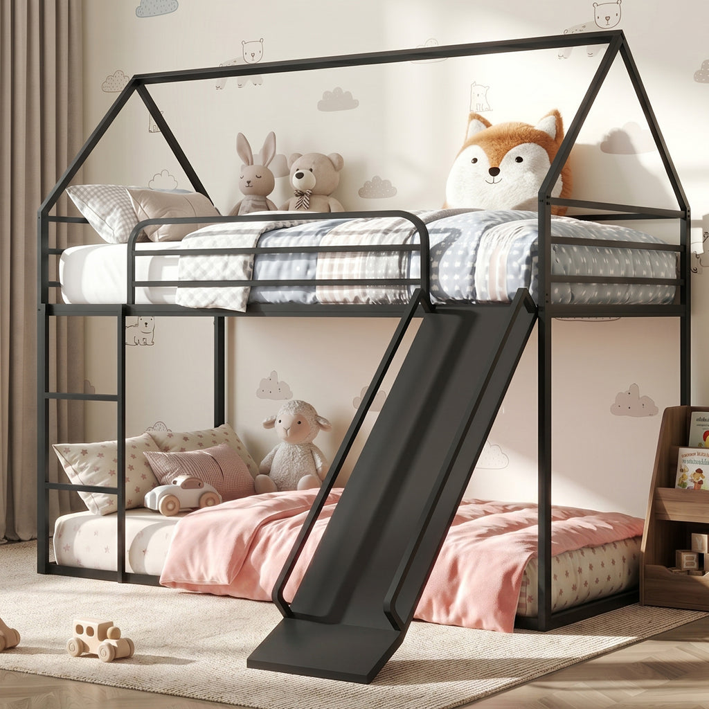 Uiowio Twin over Twin Bunk Bed with Stairs, Floor Bunk Bed Frame with Convertible Slide, Heavy Duty Metal Low Bed with House Shape and Roof, Black