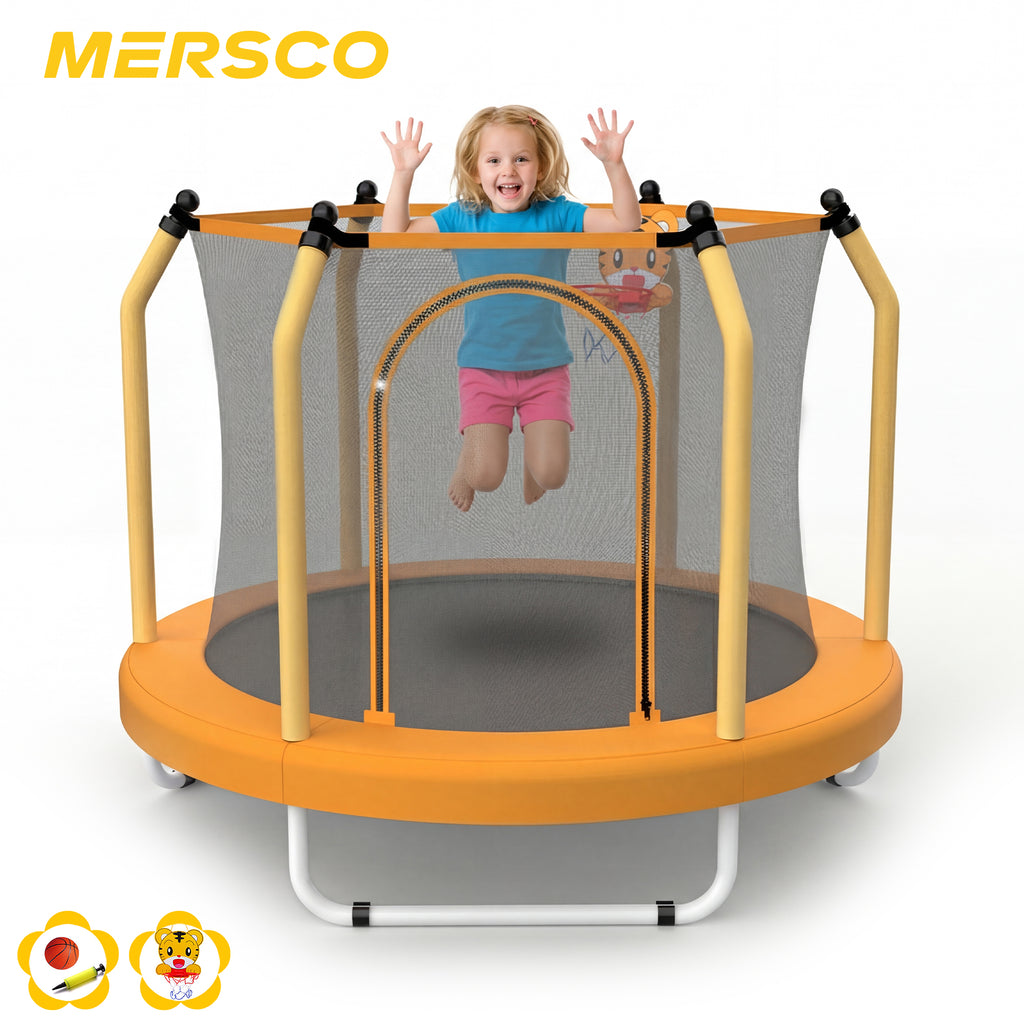Mersco 55inch Kids Trampoline for Toddlers,Indoor and Outdor Trampoline with Safety Net, Mini Small Children Trampolines with Basketball Hoop,Toddler Trampoline Birthday Gifts for Boys Girls, Orange