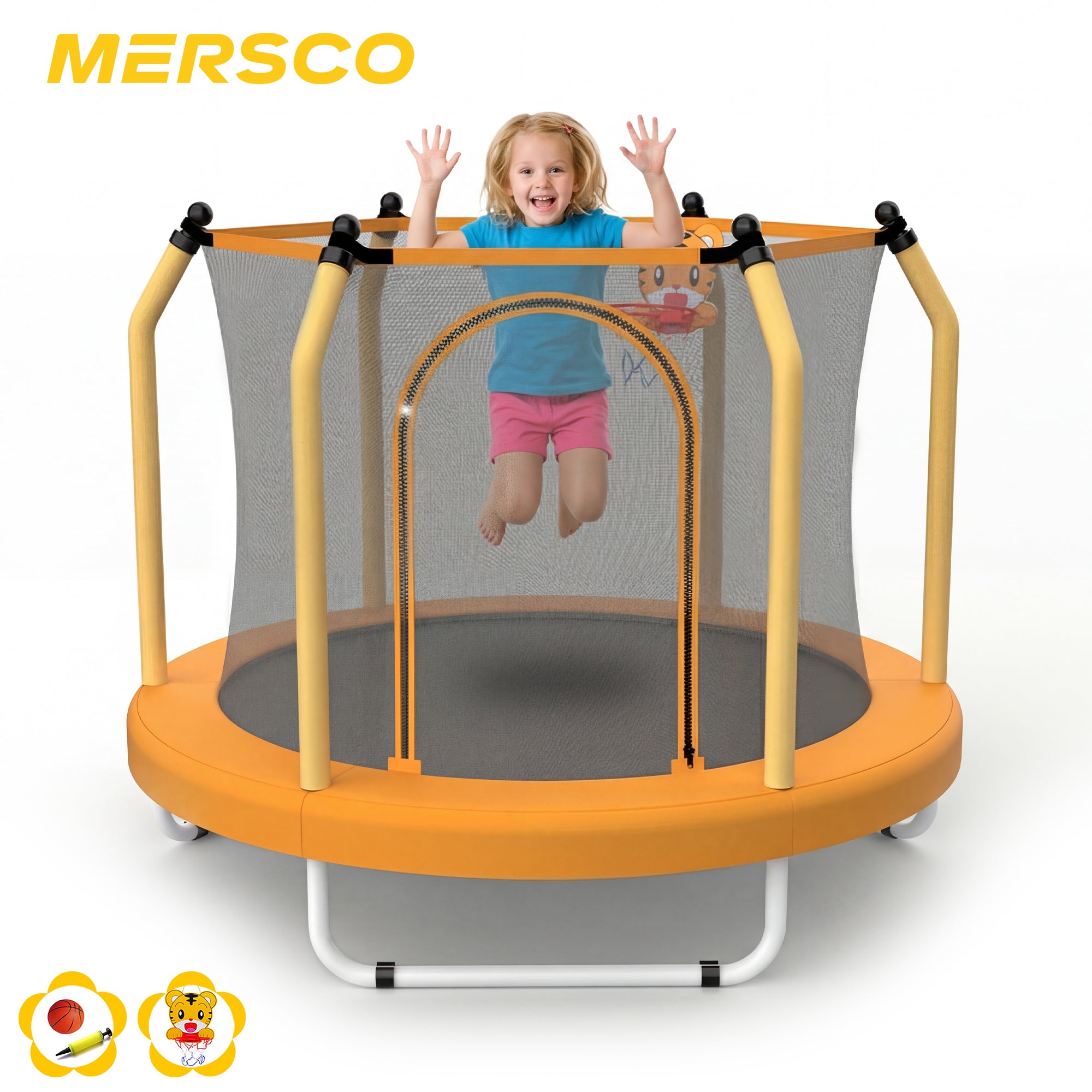 Mersco 55inch Kids Trampoline for Toddlers,Indoor and Outdor Trampoline with Safety Net, Mini Small Children Trampolines with Basketball Hoop,Toddler Trampoline Birthday Gifts for Boys Girls, Orange