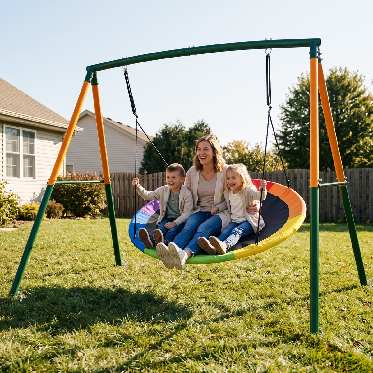 Kdymod 60 Inch Saucer Swing Set with 900D Oxford Disc Seat, Double A‑Frame Heavy Duty Metal Swing Set, Backyard Outdoor Playground for Kids Ages 3‑10, Green