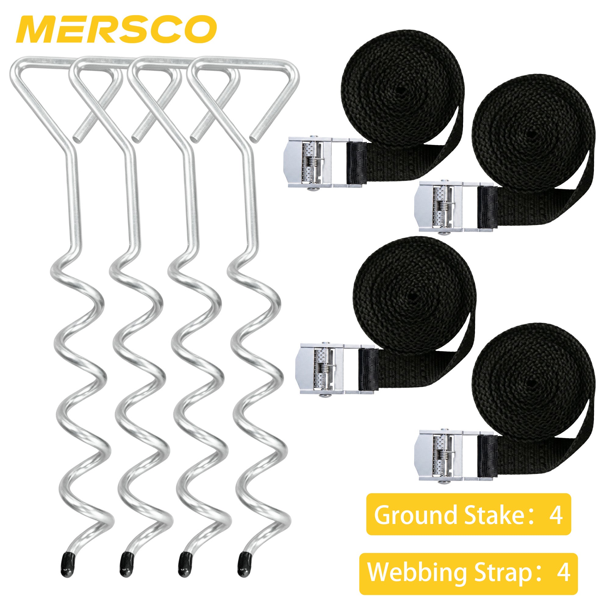 Mersco Trampoline Stakes Kit, Heavy Duty Trampoline Anchors Accessory,rampoline Corkscrew Shape Steel Stakes Anchor Kit for Trampolines Camping Tents-Set of 4 Bonus 4 Strong Belt