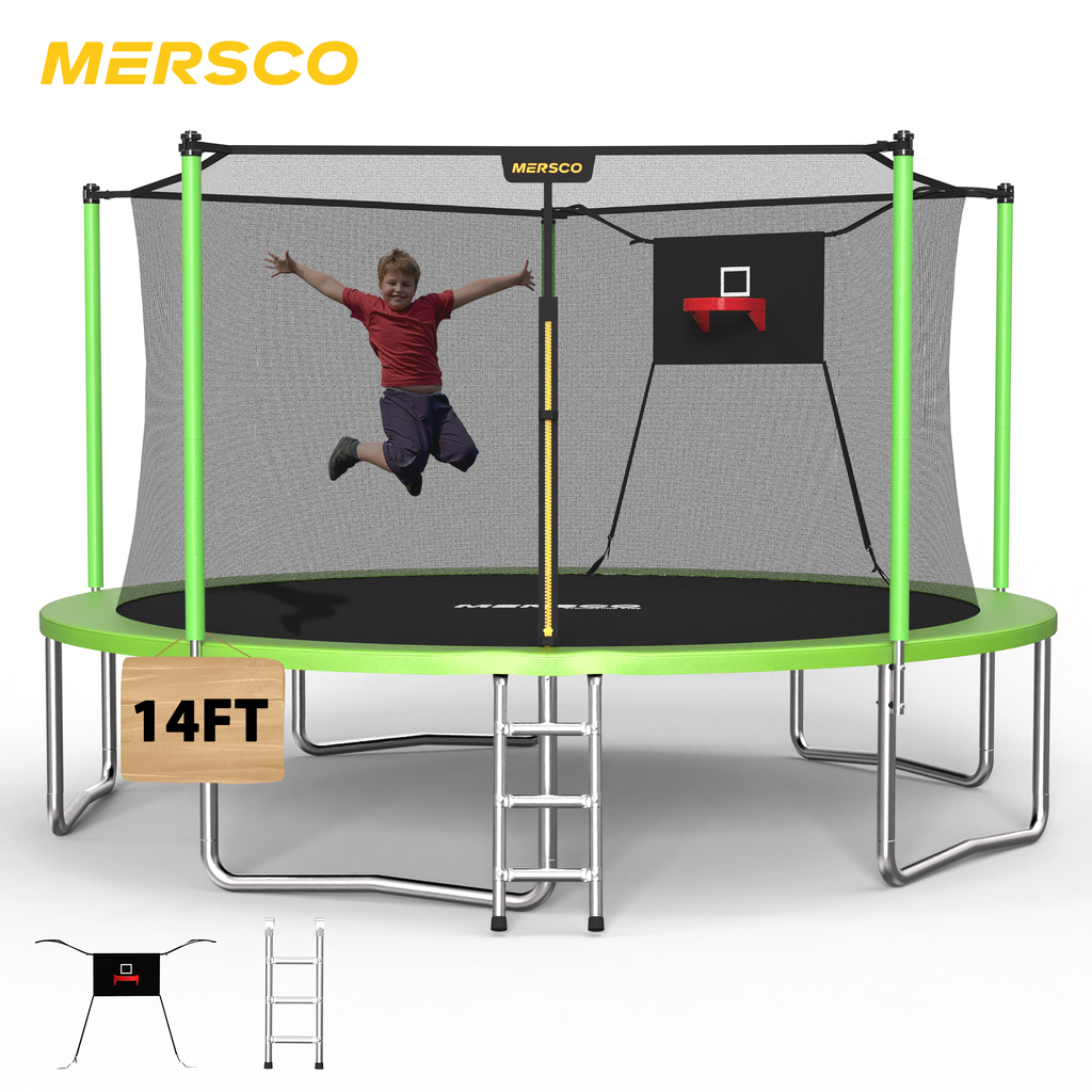 Mersco 14ft Trampoline for Kids and Adults, Outdoor Trampolines with Basketball Hoop and Enclosure Net, Heavy Duty Jumping Trampoline PLAY for Indoor Outdoor Boys and Girls Birthday Gift, Green