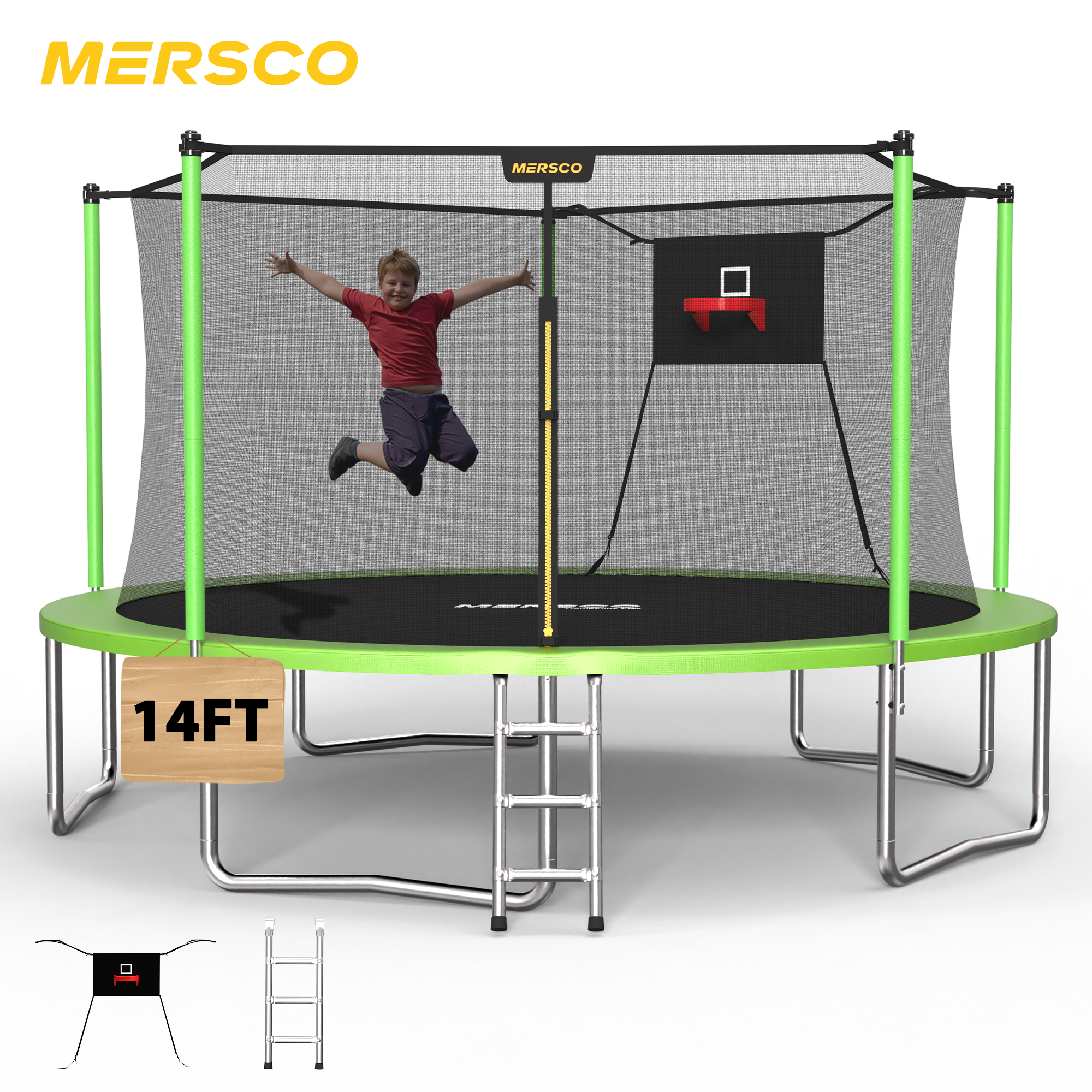 Mersco 14ft Trampoline for Kids and Adults, Outdoor Trampolines with Basketball Hoop and Enclosure Net, Heavy Duty Jumping Trampoline PLAY for Indoor Outdoor Boys and Girls Birthday Gift, Green