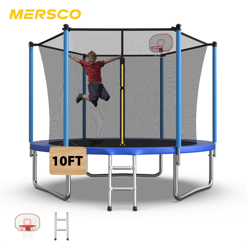 Mersco 10ft Trampoline for Kids,Outdoor Trampoline with Enclosure,Basketball Hoop and Ladder,Upright-Poled Backyard Trampoline PLAY for Family Fun,Jumping Trampoline fo Birthday Gifts,Blue