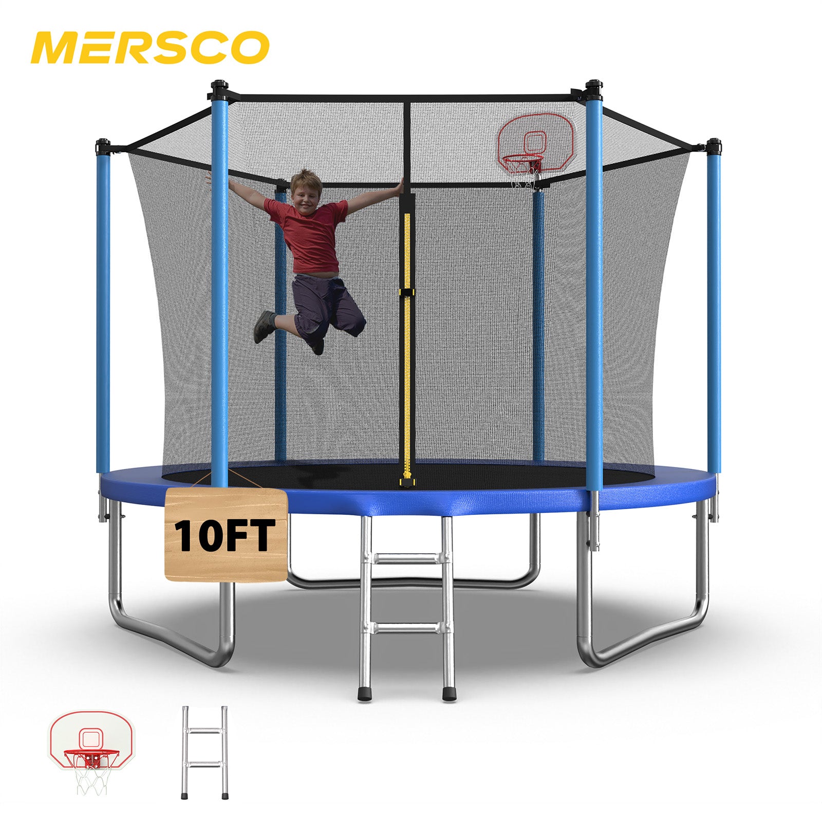 Mersco 10ft Trampoline for Kids,Outdoor Trampoline with Enclosure,Basketball Hoop and Ladder,Upright-Poled Backyard Trampoline PLAY for Family Fun,Jumping Trampoline fo Birthday Gifts,Blue