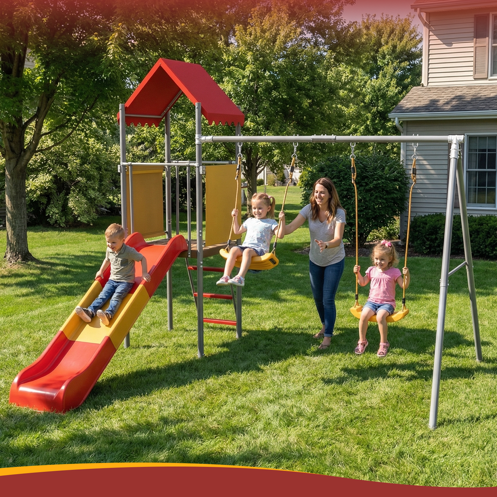Mersco Metal Treehouse Swing Set with Slide,Heavy Duty Swing A-Frame Stand with 2 Belt Swings,Treehouse Slide with UV Resistant Canopy and Ladder,Outdoor Playset Slide Swing Set for Backyard