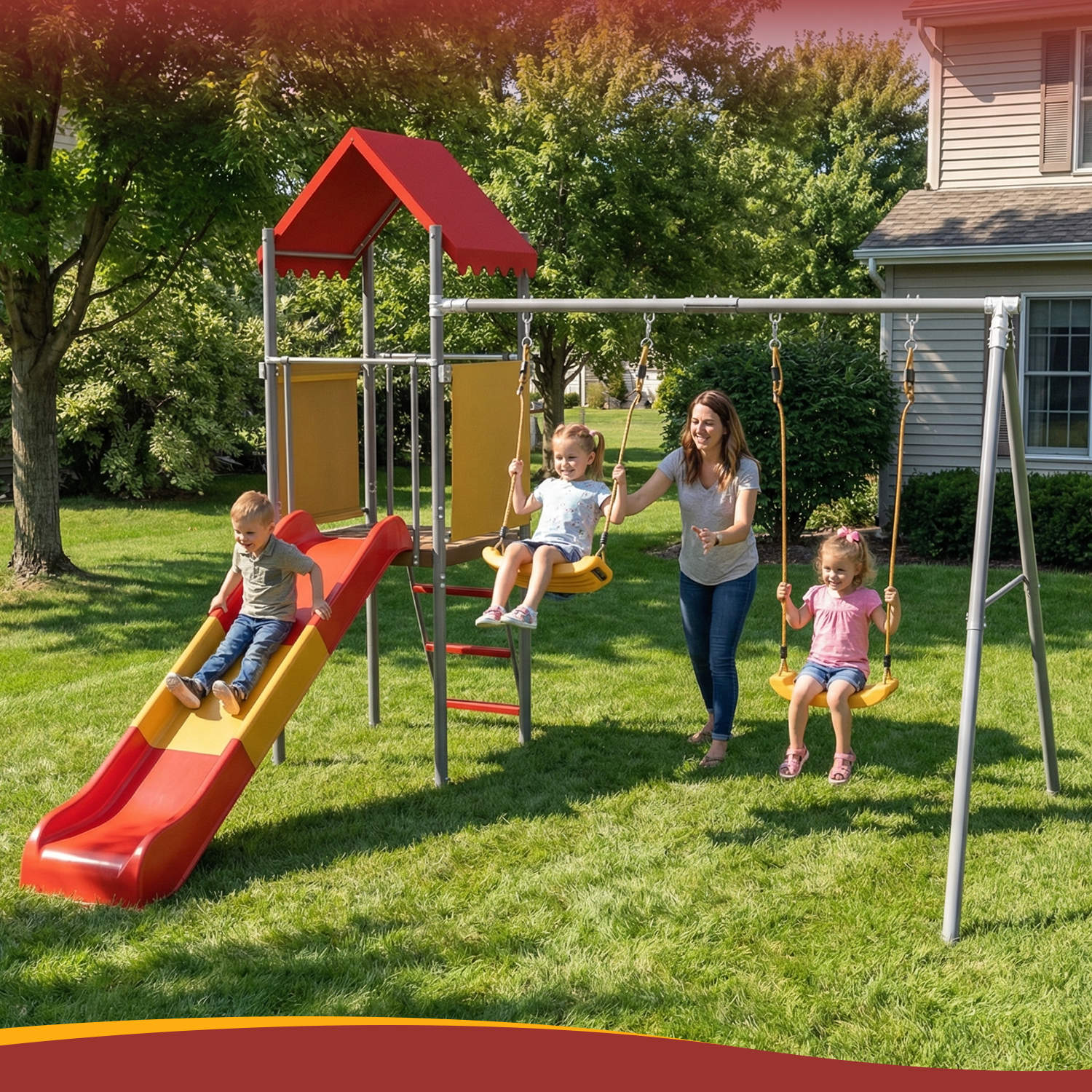 Mersco Metal Treehouse Swing Set with Slide,Heavy Duty Swing A-Frame Stand with 2 Belt Swings,Treehouse Slide with UV Resistant Canopy and Ladder,Outdoor Playset Slide Swing Set for Backyard