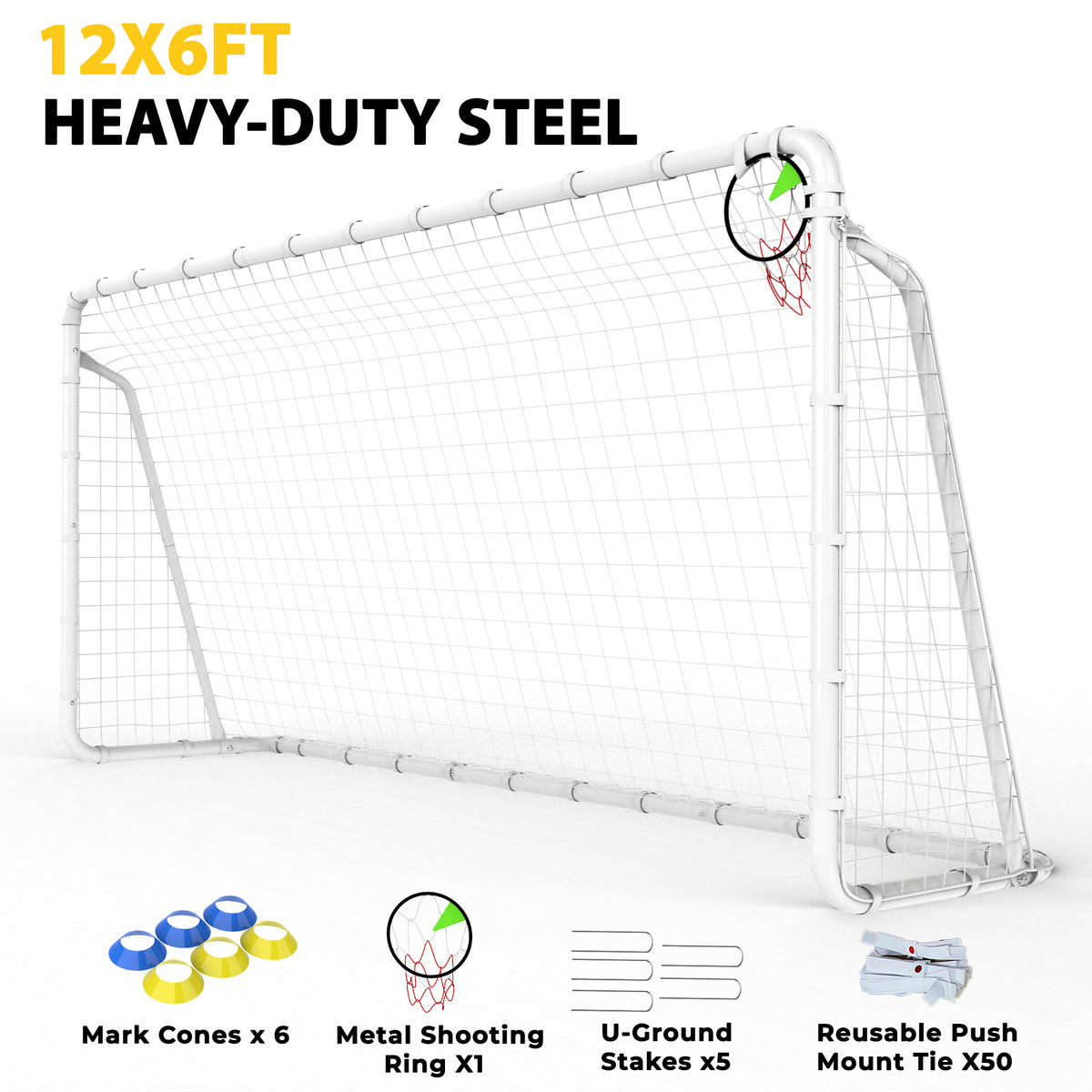 Mersco 12x6 FT Soccer Goal for Backyard, Heavy-Duty Metal Soccer Net, with Shooting Ring, Soccer Training Equipment Set, with 5 Stakes & 6 Cones, Soccer Goal for Kids and Adults,Christmas Gifts