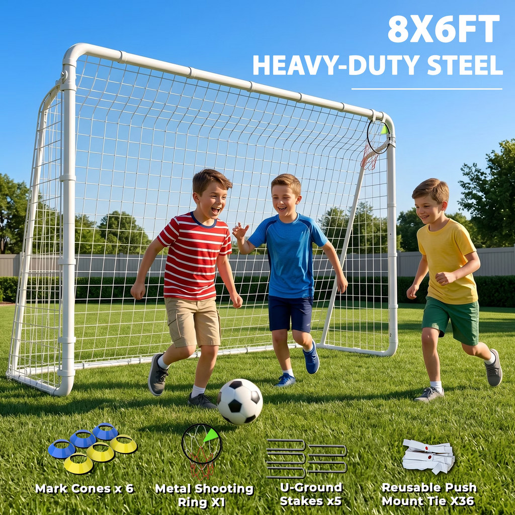 Kdymod 8×6 FT Soccer Goal for Backyard,Heavy-Duty Metal Soccer Net with Target Net,Outdoor Soccer Goal Soccer Equipment Set with 6 Soccer Cones & 5 Stakes for Kids and Adults ,White