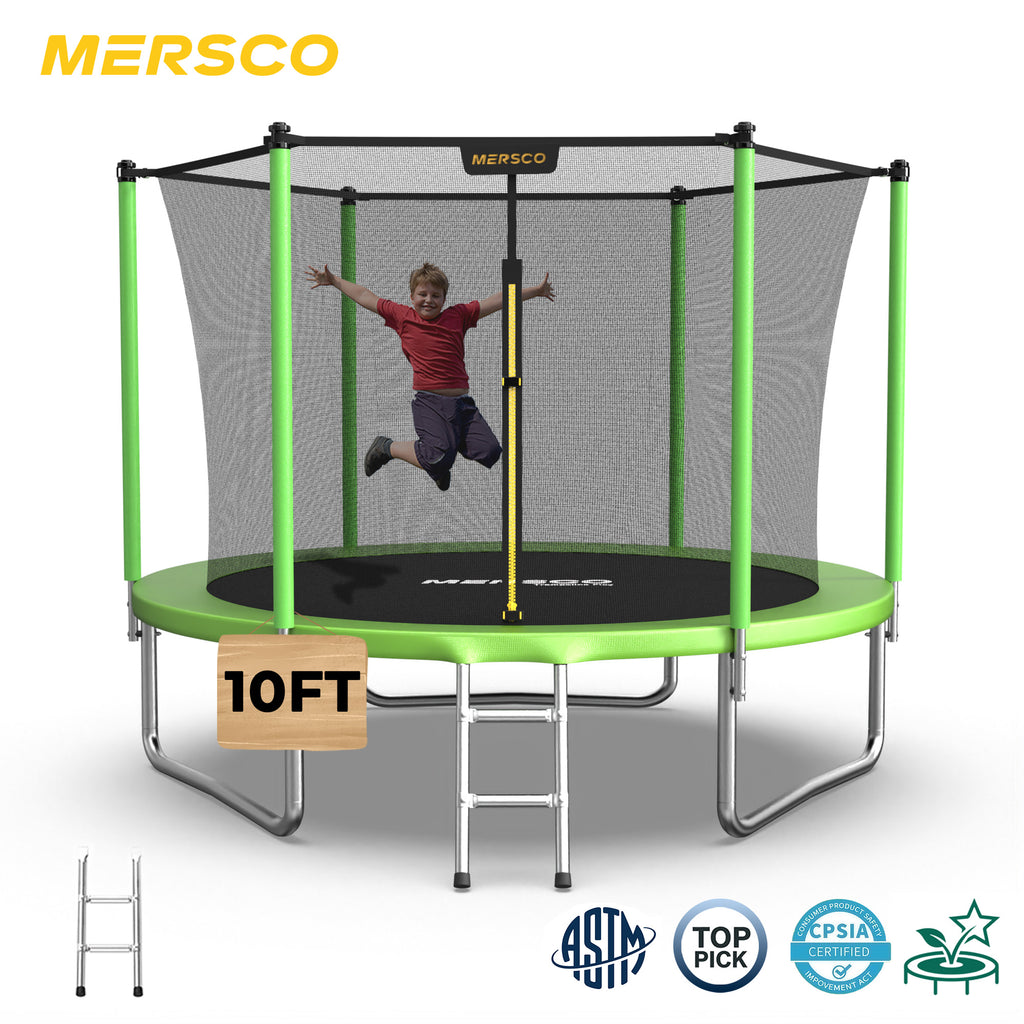 Mersco 10ft Trampoline for Kids,Outdoor Trampoline with Enclosure Net and Ladder,Upright-Poled Backyard Trampoline PLAY for Family Fun,Birthday Gifts,Green
