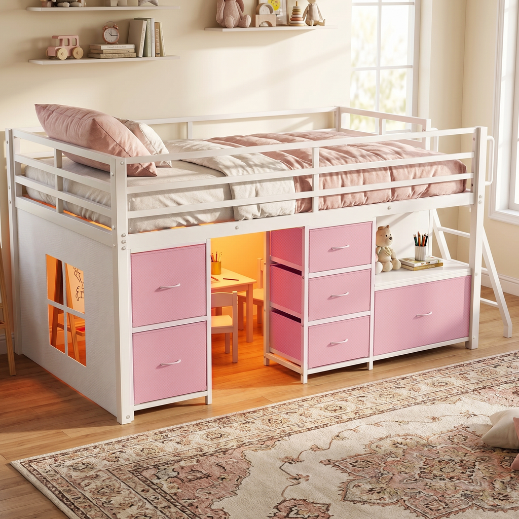 Kdymod Full Loft Bed with 6 Storage Drawers & Shelf, Loft Bed with LED Lights & Play Curtain, Metal Loft Bed Frame with Ladder & Safety Guardrail, Pink