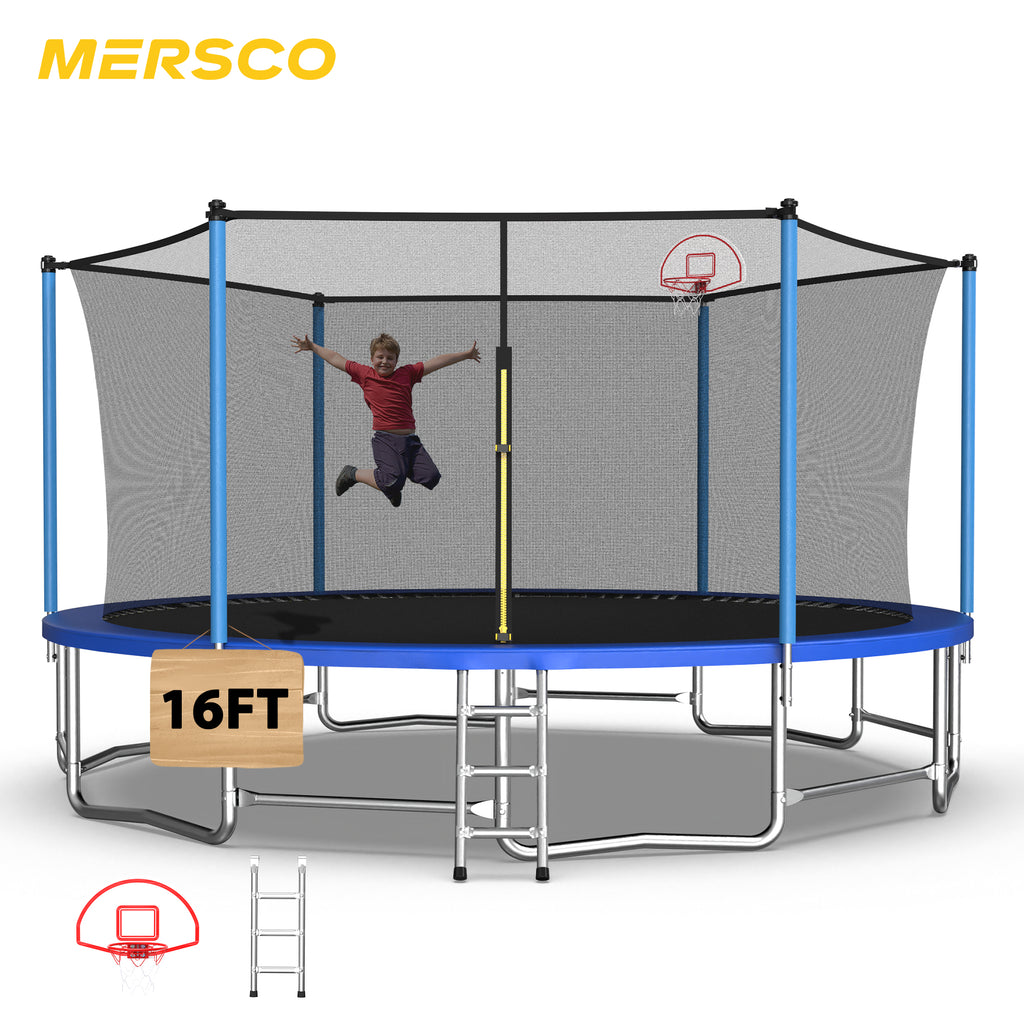 Mersco 16ft Trampoline for Kids and Adults,Outdoor Trampoline with Enclosure,Basketball Hoop and Ladder,Upright-Poled Backyard Trampoline,Jumping Trampoline PLAY for Boys and Girls Birthday Gift,Blue