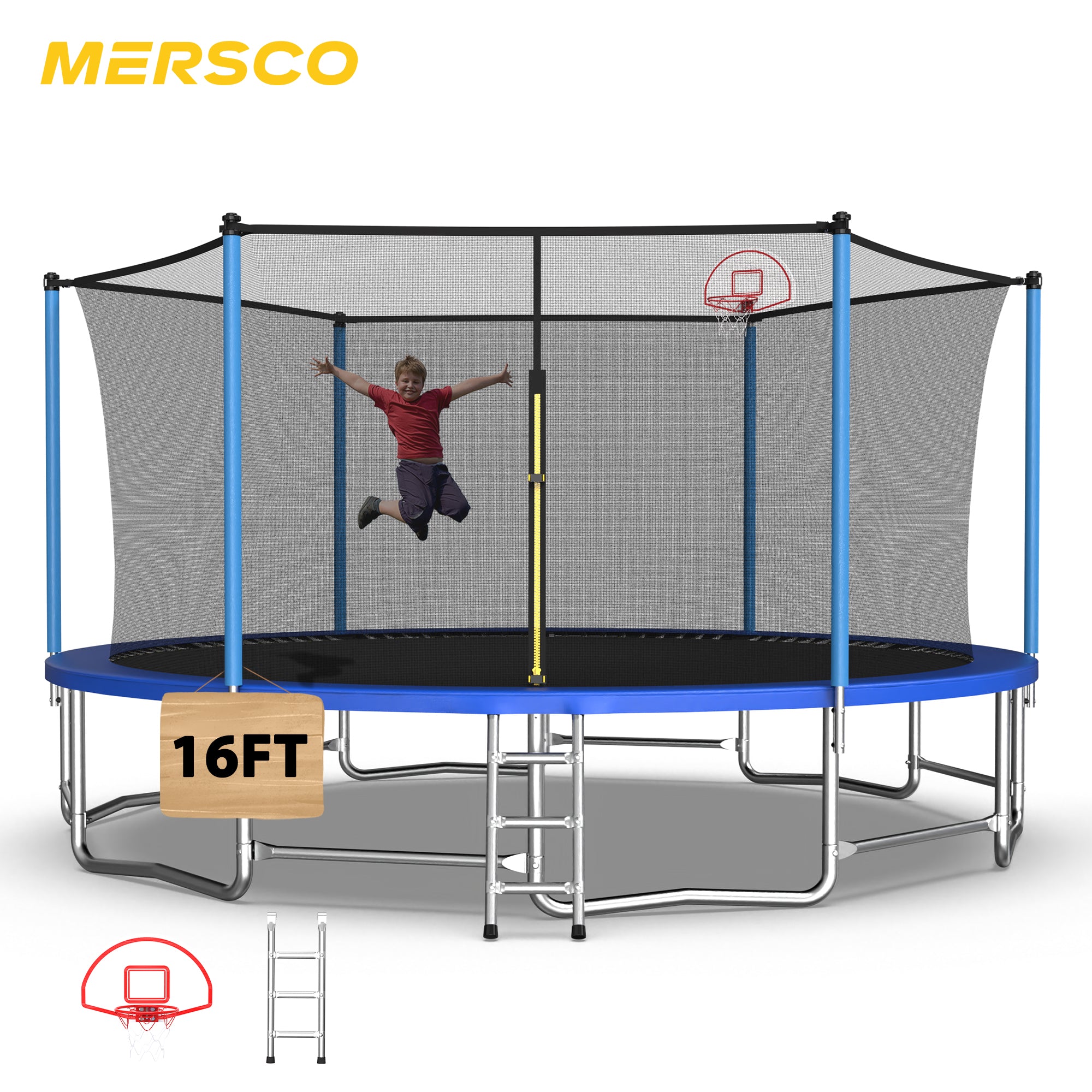 Mersco 16ft Trampoline for Kids and Adults,Outdoor Trampoline with Enclosure,Basketball Hoop and Ladder,Upright-Poled Backyard Trampoline,Jumping Trampoline PLAY for Boys and Girls Birthday Gift,Blue