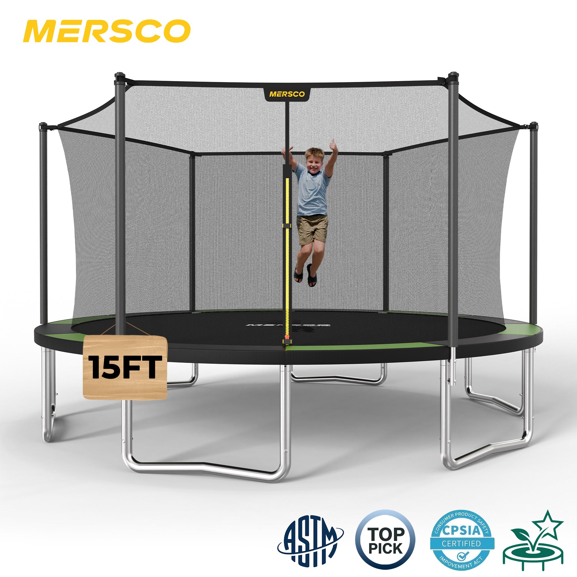 Mersco 15FT Trampoline PLAY Heavy Duty Outdoor Trampoline for Kids, Backyard Trampoline with Enclosure Net for Family Fun,Jumping Trampoline for Boys and Girls Birthday Gift,Green