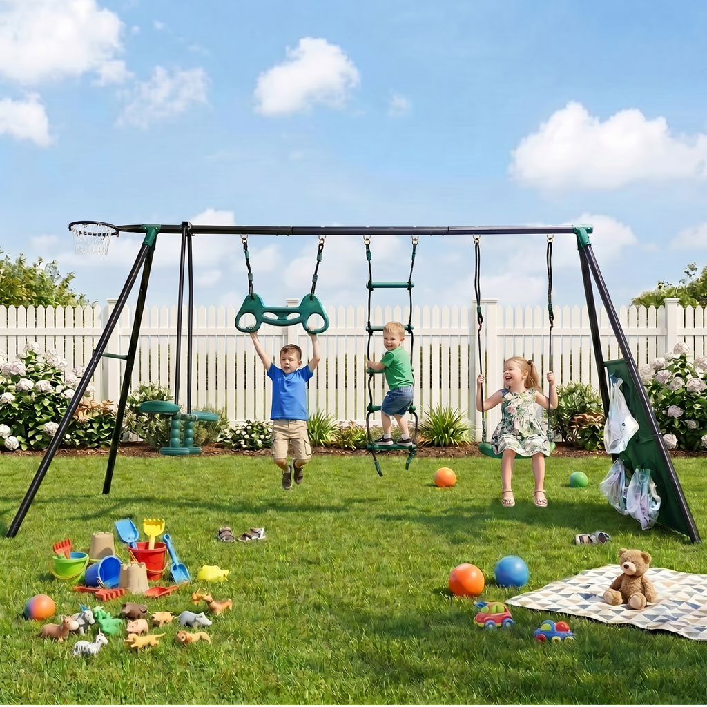 Mersco 6 in 1 Kids Metal Swing Seat for Backyard, Heavy-Duty Outdoor Playsets for Playground ,Outside Toys with Teeter-Totter,Climbing Net,Trapeze Bar,basketball hoop, soccer net for Aged 3+