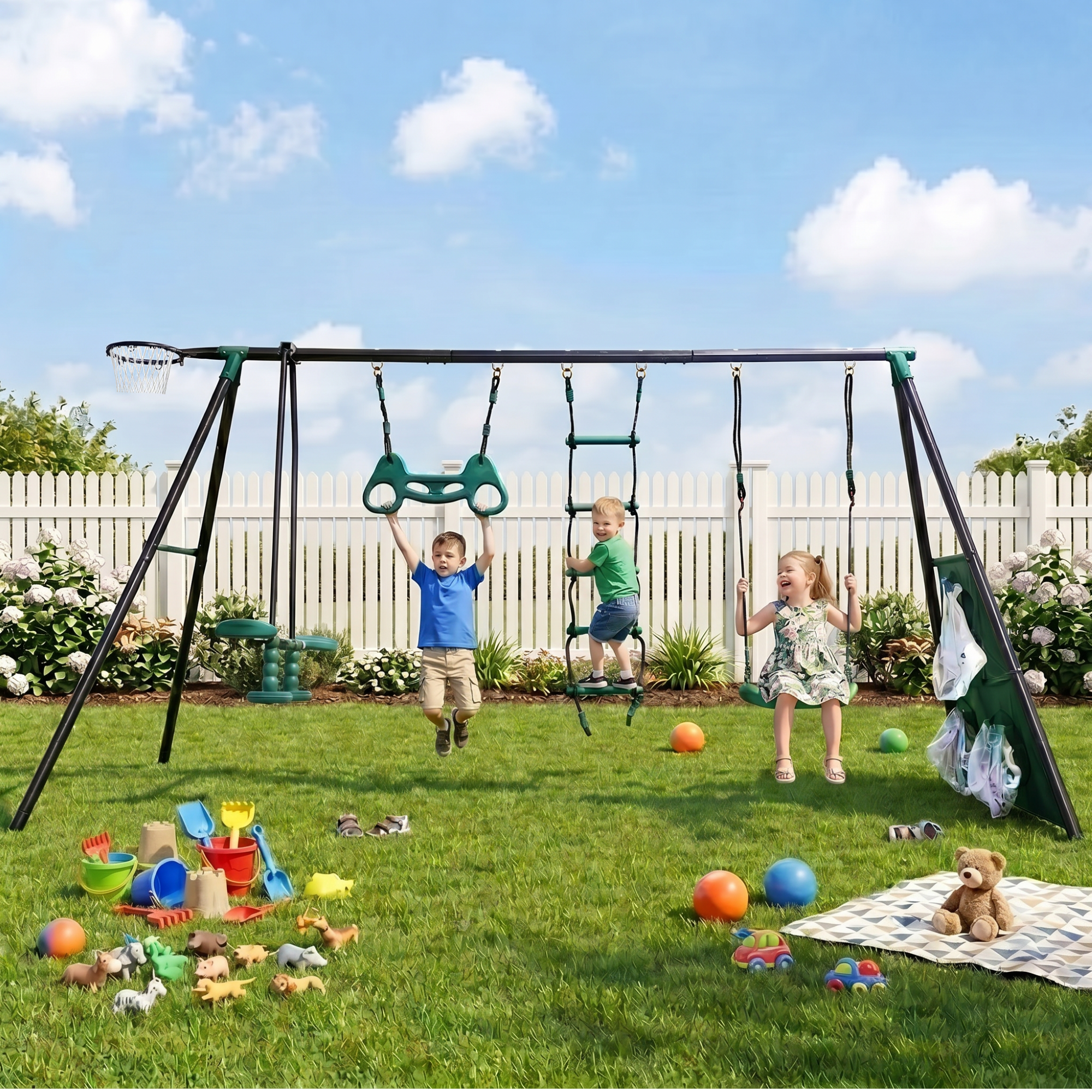 Mersco 6 in 1 Kids Metal Swing Seat for Backyard, Heavy-Duty Outdoor Playsets for Playground ,Outside Toys with Teeter-Totter,Climbing Net,Trapeze Bar,basketball hoop, soccer net for Aged 3+