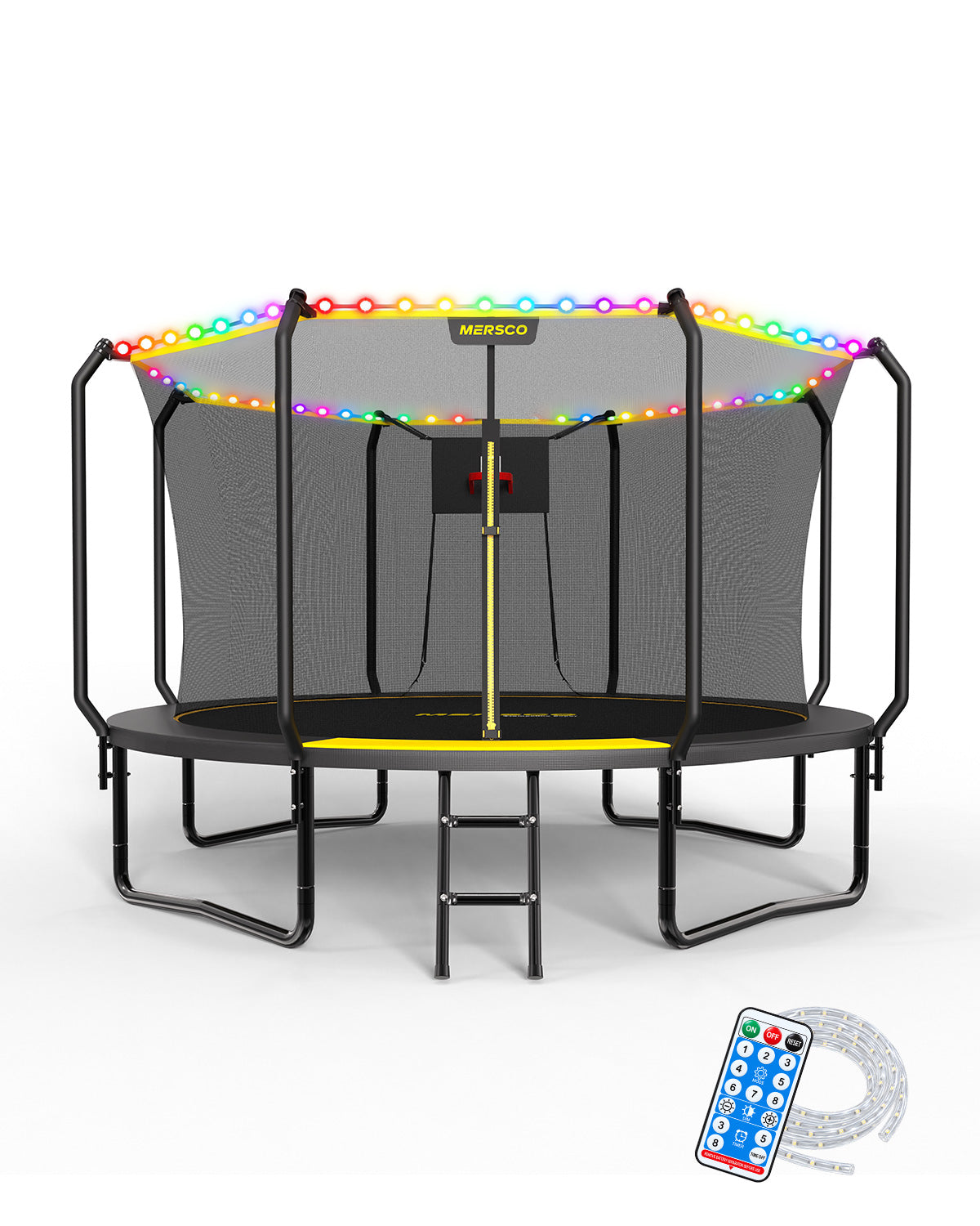 Mersco 8FT Kids Trampoline with Solar LED Lights & Basketball Hoop, ASTM Certified Heavy Duty Outdoor Trampoline with Enclosure Net and Ladder for Backyard Family Fun, Jumping Trampoline SUPER