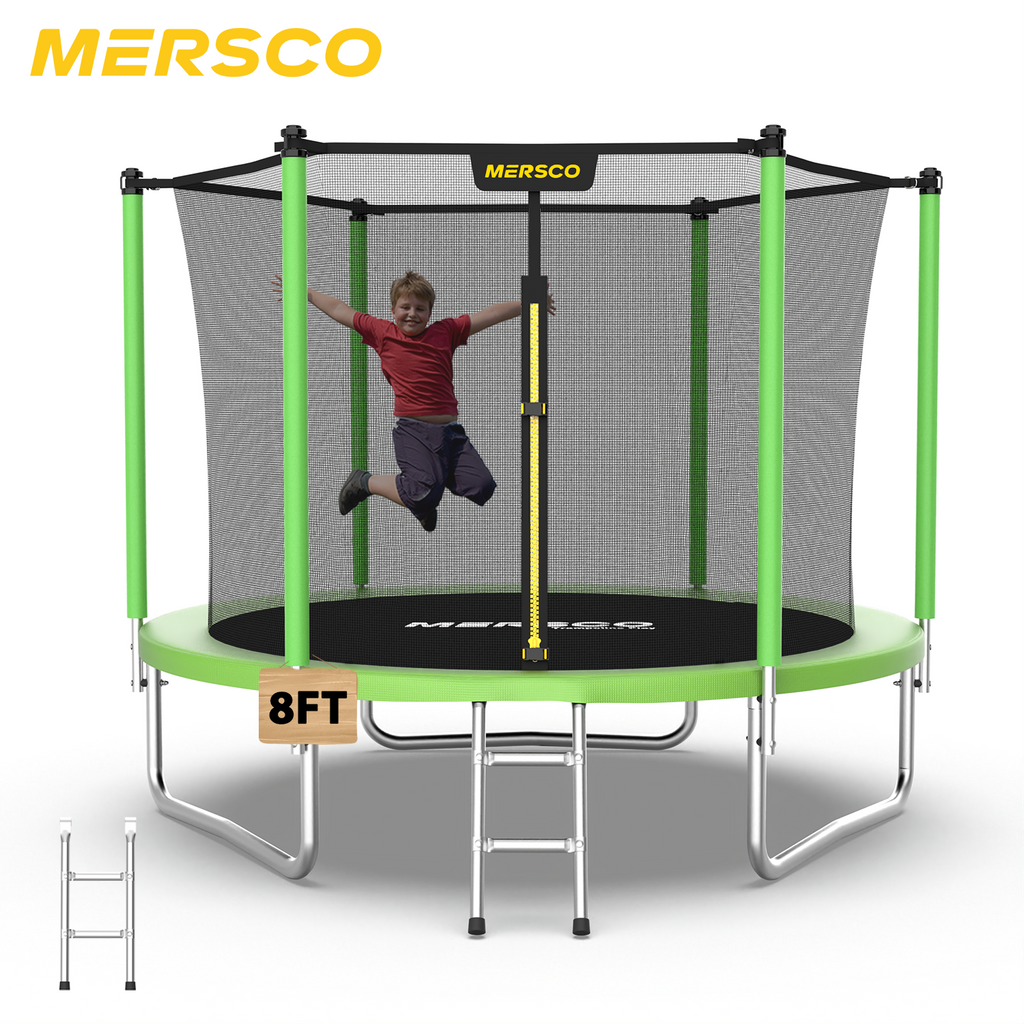 Mersco 8ft Trampoline for Kids and Adults,Outdoor Trampoline with Enclosure,Ladder,Upright-Poled Backyard Trampoline PLAY for Family Fun,Jumping Trampoline for Birthday Gift,Green