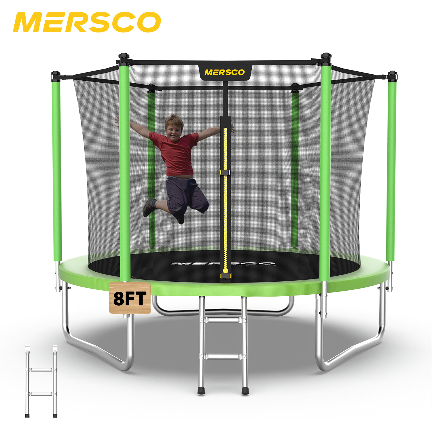 Mersco 8ft Trampoline for Kids and Adults,Outdoor Trampoline with Enclosure,Ladder,Upright-Poled Backyard Trampoline PLAY for Family Fun,Jumping Trampoline for Birthday Gift,Green