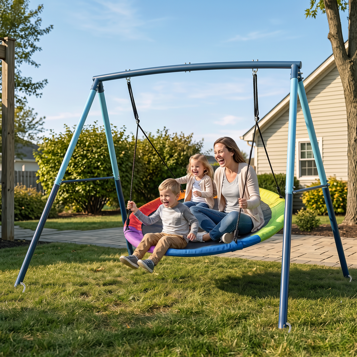 Kdymod 60 Inch Saucer Swing Set with 900D Oxford Disc Seat, Double A‑Frame Heavy Duty Metal Swing Set, Backyard Outdoor Playground for Kids Ages 3‑10, Blue