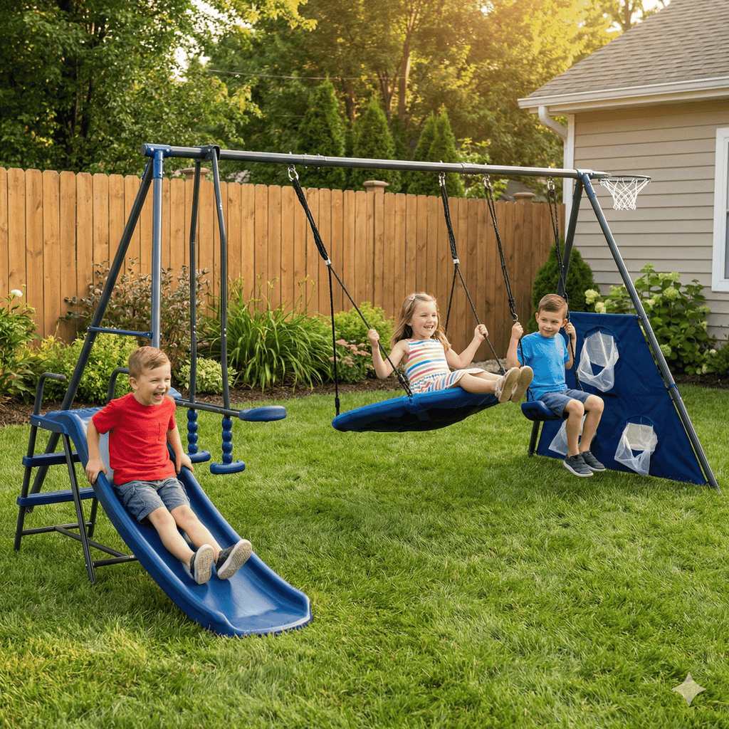 Mersco Saucer Metal Plastic Swing Set for Kids,6 in 1 Swing Sets for Outside,Heavy-Duty Playground Backyard Fun Set with Basketball Hoop,Saucer Swing,Rocking Horse,slide,soccer net &Swing for Kids