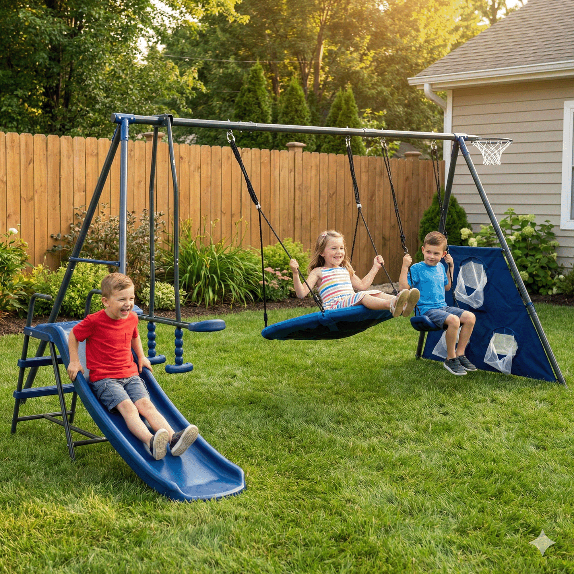 Mersco Saucer Metal Plastic Swing Set for Kids,6 in 1 Swing Sets for Outside,Heavy-Duty Playground Backyard Fun Set with Basketball Hoop,Saucer Swing,Rocking Horse,slide,soccer net &Swing for Kids